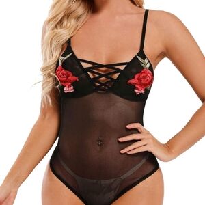 Adore Black Sheer Bodysuit with Red Floral Accents